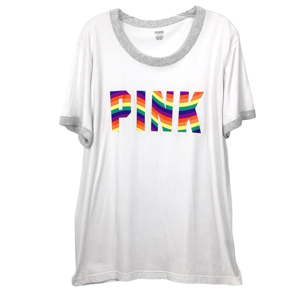NWOT PINK VICTORIAS SECRET Top L 2021 Ringer Short Sleeve Rainbow Logo
